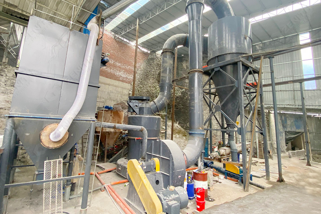 A complete grinding plant installation in an industrial setting showing bulk material handling and mill structure.