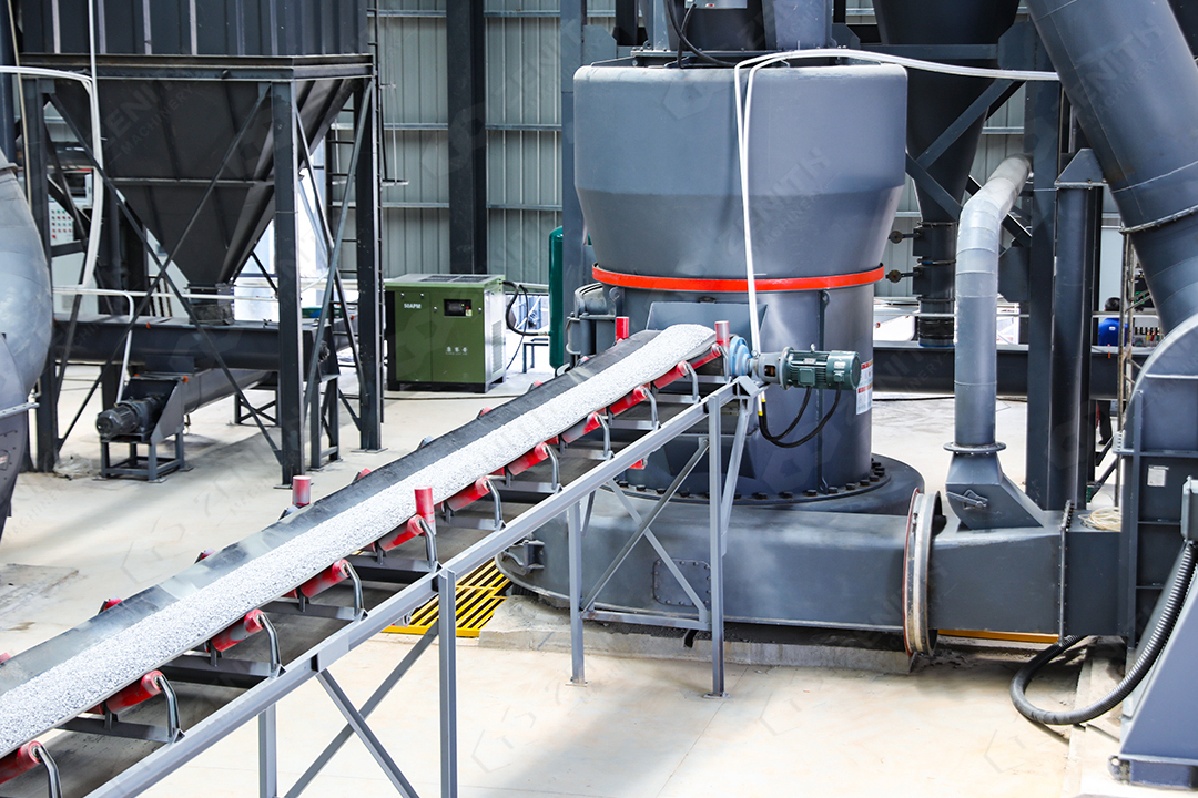 Close-up of MTW mill grinding roller and ring, showing trapezoidal profile for efficient crushing
